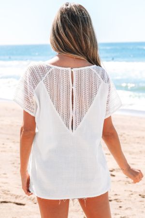 White Lace Crochet Textured Button Back V Neck T Shirt