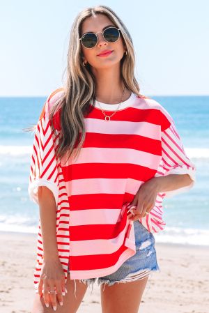 Pink Stripe Patchwork Round Neck Side Split Loose T Shirt