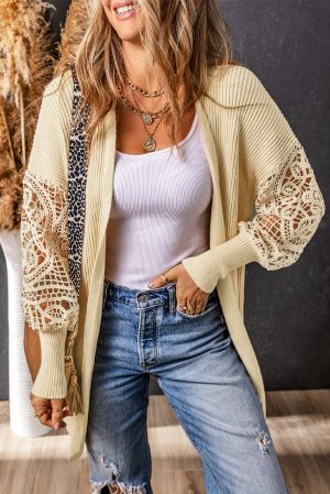 Apricot Crochet Lace Sleeve Ribbed Knit Cardigan