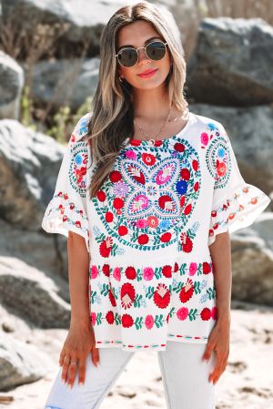 White Boho Floral Print Round Neck Ruffle Trim Blouse